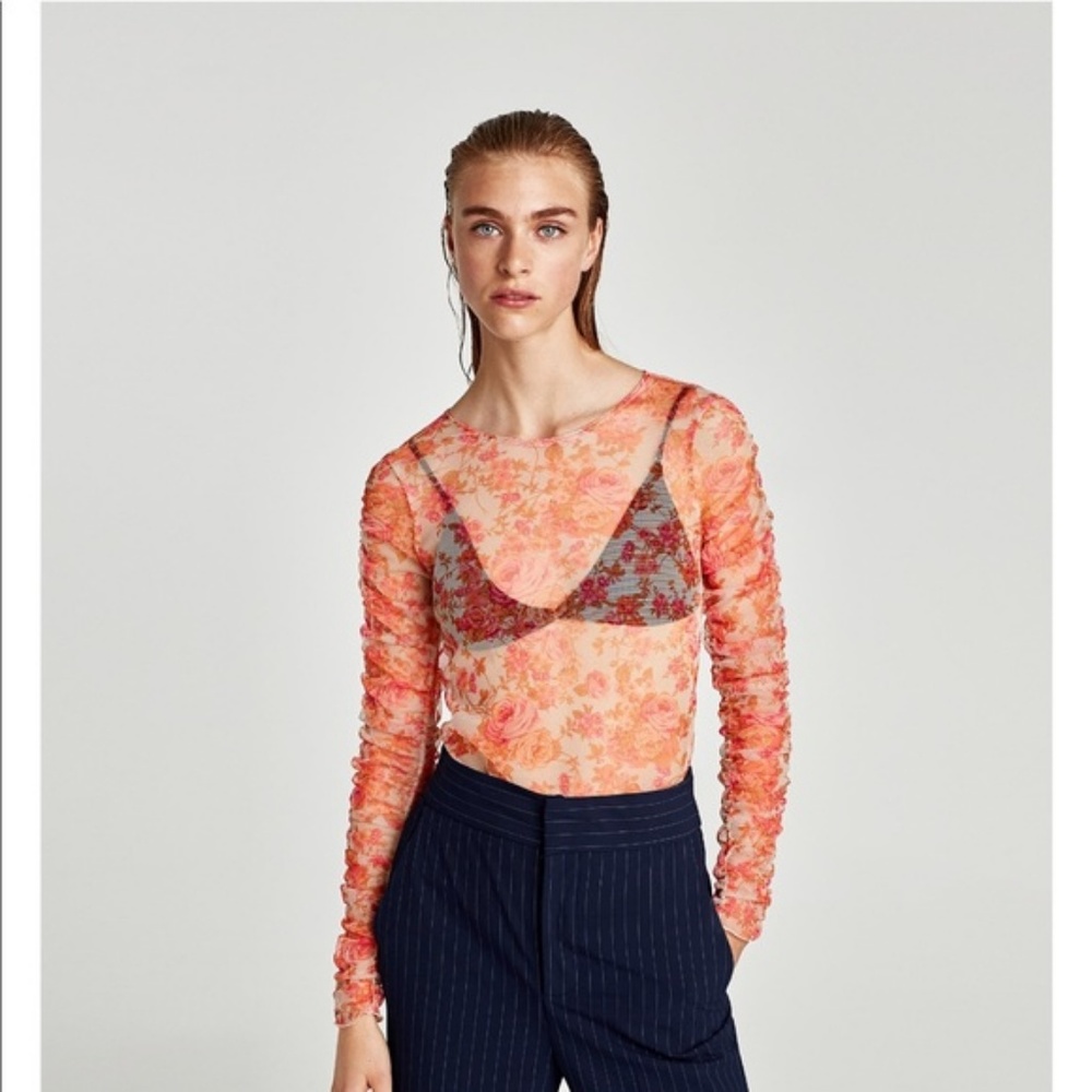 Zara Ruched Sleeve Sheer Top --NWT